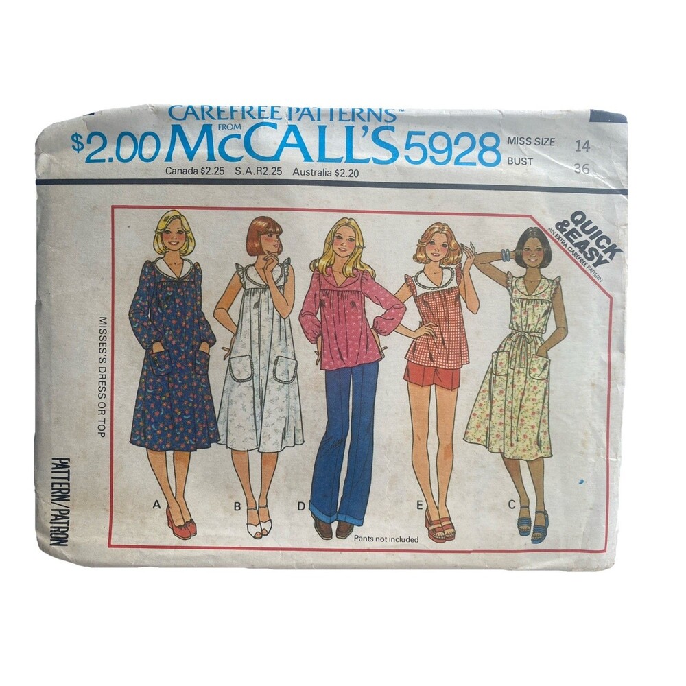 McCall's Pattern #5928 - Yoked Dress & Top - Size 14 Bust 36 - 70s VTG Retro FF